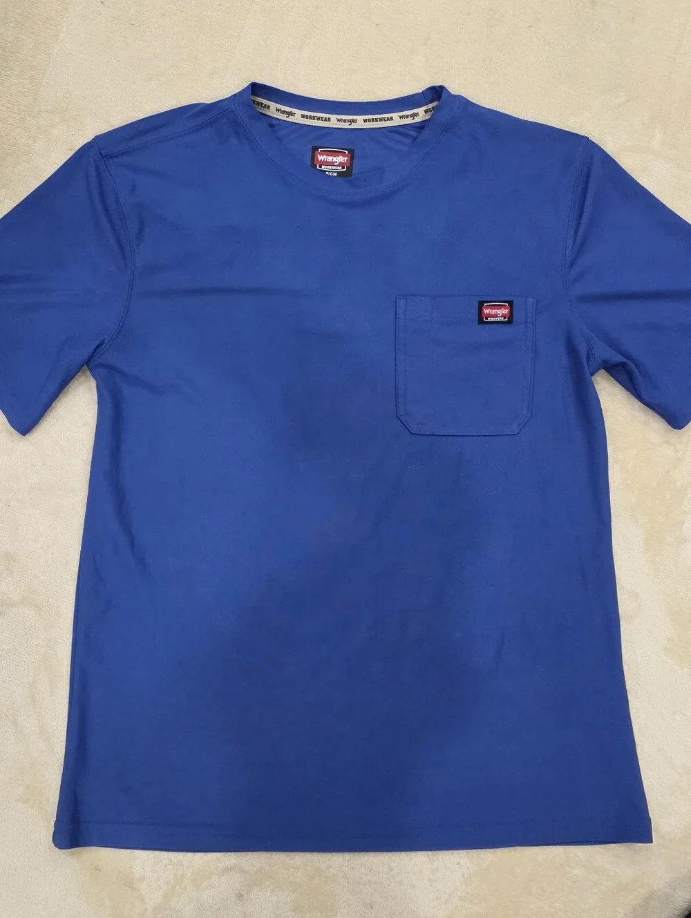 Wrangler T-Shirt Men's Small Blue Workwear Short Sleeve With Pocket Crew Neck - Picture 2 of 9